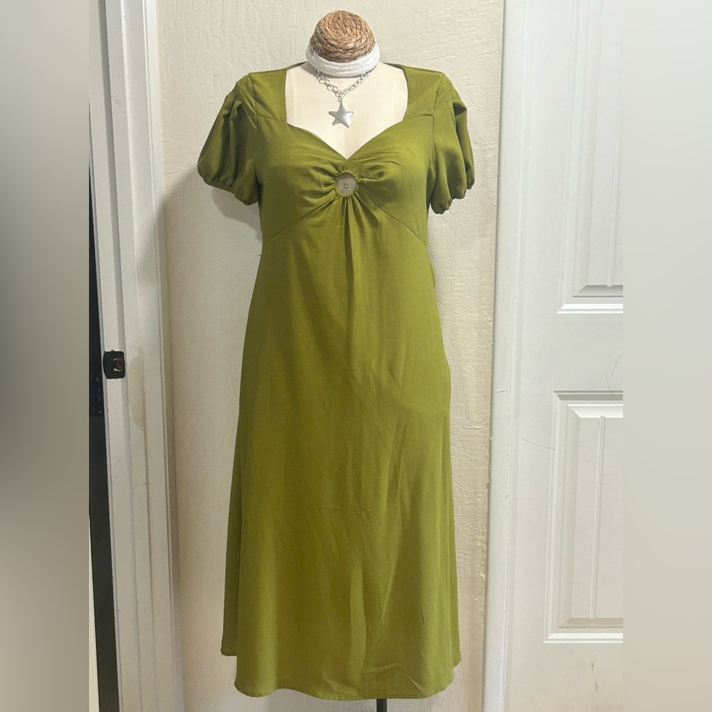 Olive Green Puff Sleeve Midi Dress - Classic Feminine Style